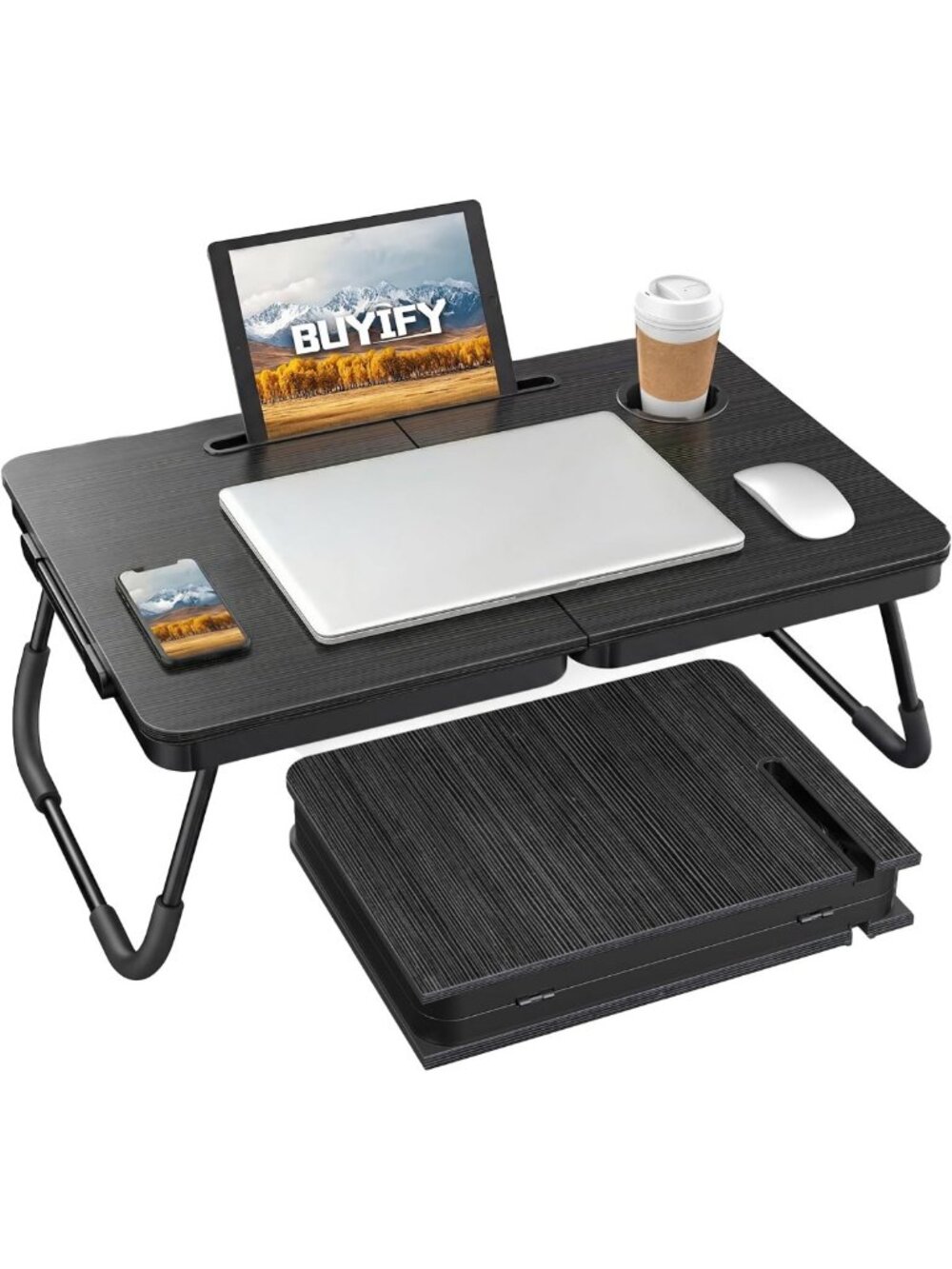 Foldable Laptop Bed Desk Tray Table with Cup Holder & Tablet Slot - Portable Lap